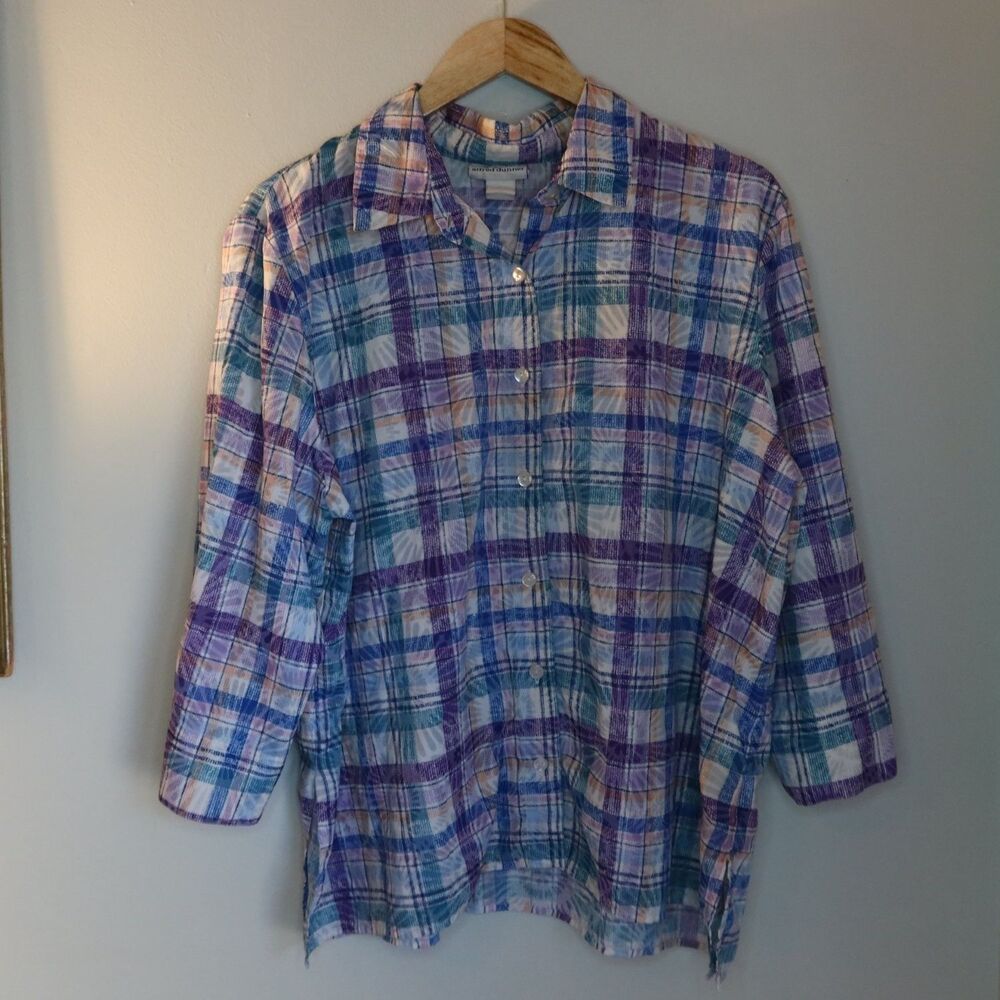 Alfred Dunner Womens Button-up Shirt XL Multicolor Plaid 3/4 Sleeve y2k 90s boho